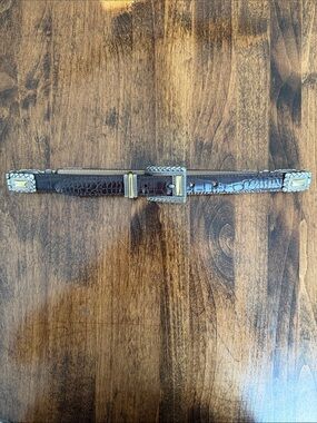 VINTAGE Brighton Brown Croc-Embossed Leather Belt with silver & brass accents